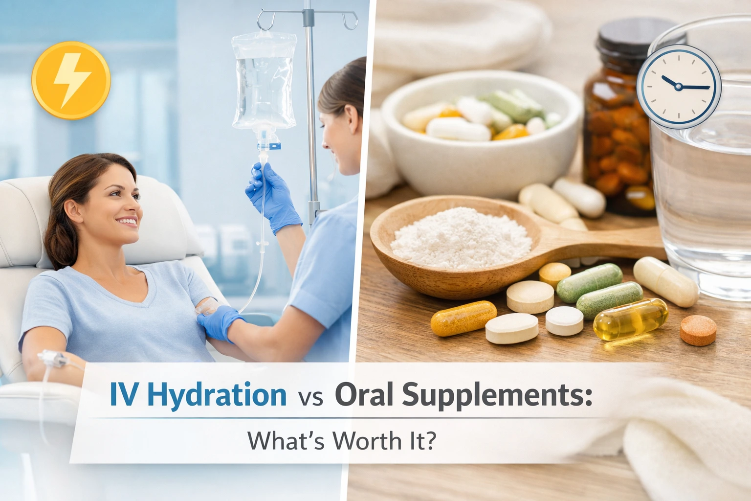 IV hydration vs oral supplements: fast clinical therapy vs everyday convenience.